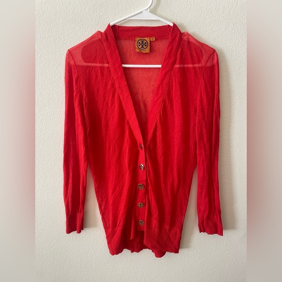 Tory Burch red cotton blend button down v neck lightweight Simone cardigan - Picture 2 of 5